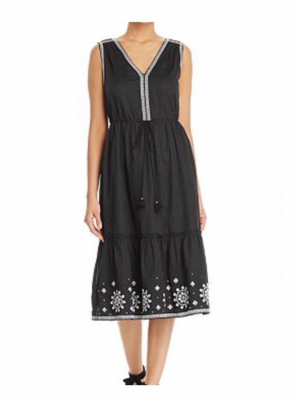 Kate Spade Black Sleeveless Embroidered V-Neck Midi DressSize Large
